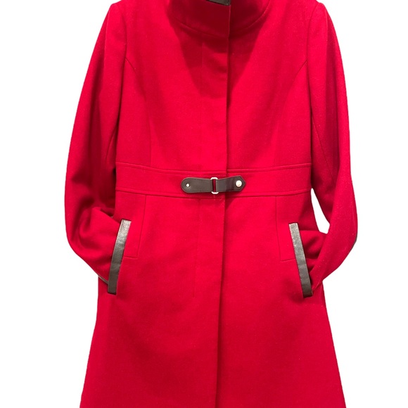 Via Spiga Red Wool + Black Faux Leather Posh Peatcoat - Picture 7 of 16